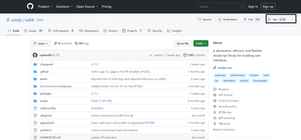 Github screenshot of Solid showing 27,300 stars