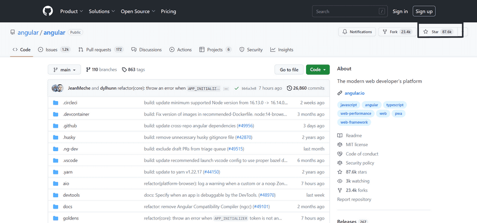 Github screenshot of Angular showing 87,600 stars
