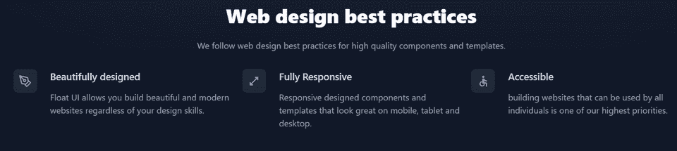 Screenshot from Float UI telling about its features: Beautifully designed, Fully Responsive, and Accessible.