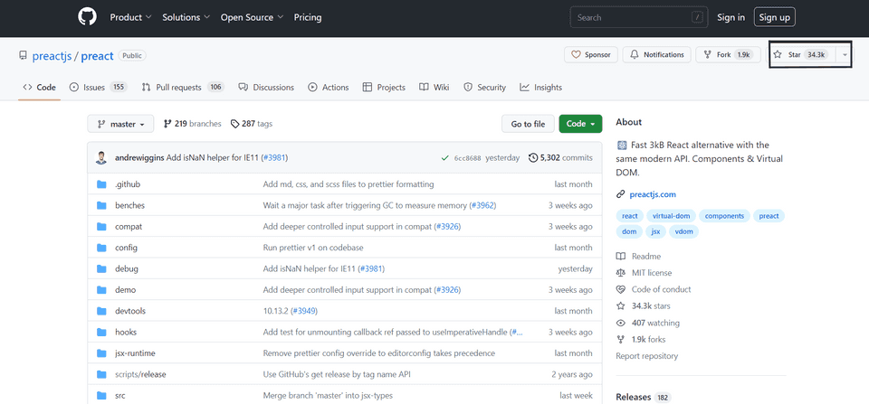 Github screenshot of Preact showing 34,300 stars