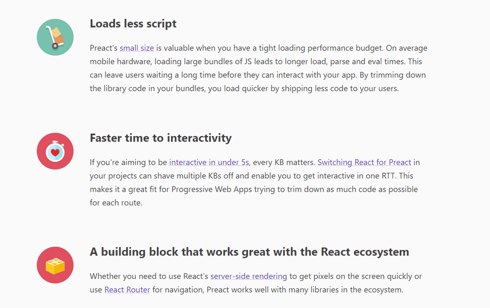 Image showing benefits of Preact for PWA such as less script, faster interactivity time etc.