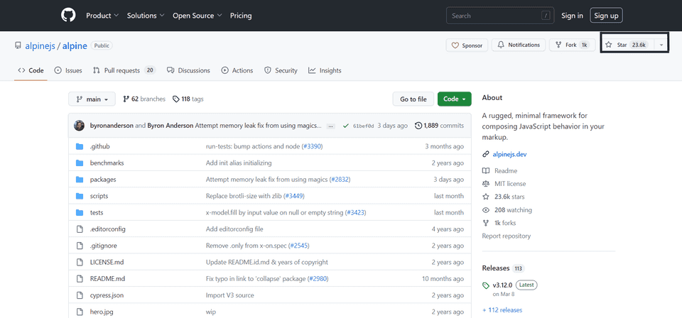 Github screenshot of Alpine showing 23,600 stars
