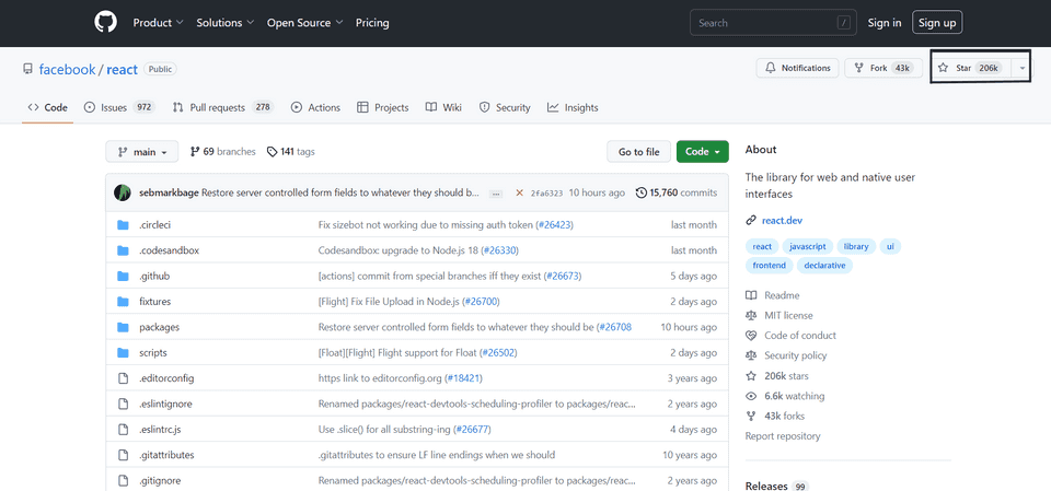 Github screenshot of React showing 206,000 stars