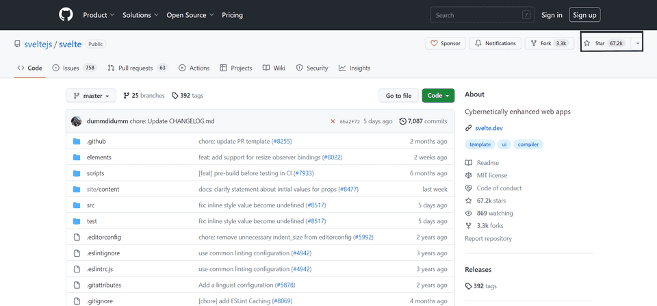 Github screenshot of Svelte showing 67,200 stars