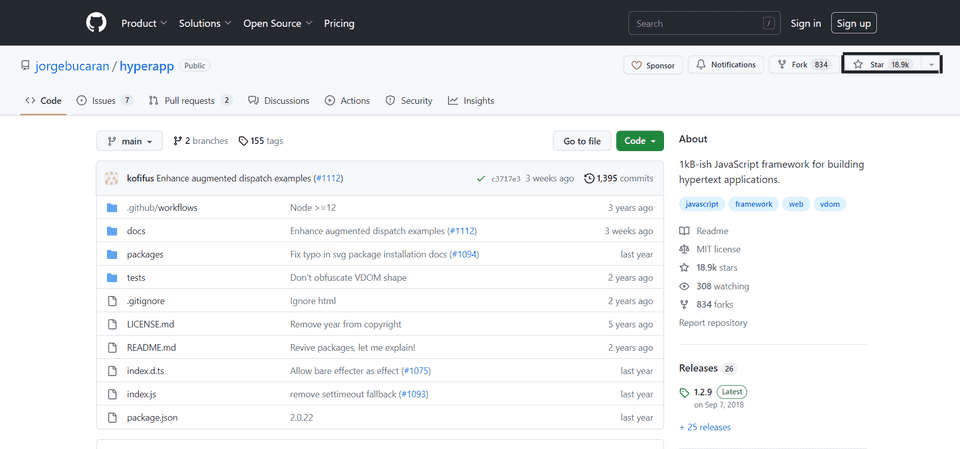 Github screenshot of Hyperapp showing 18,900 stars