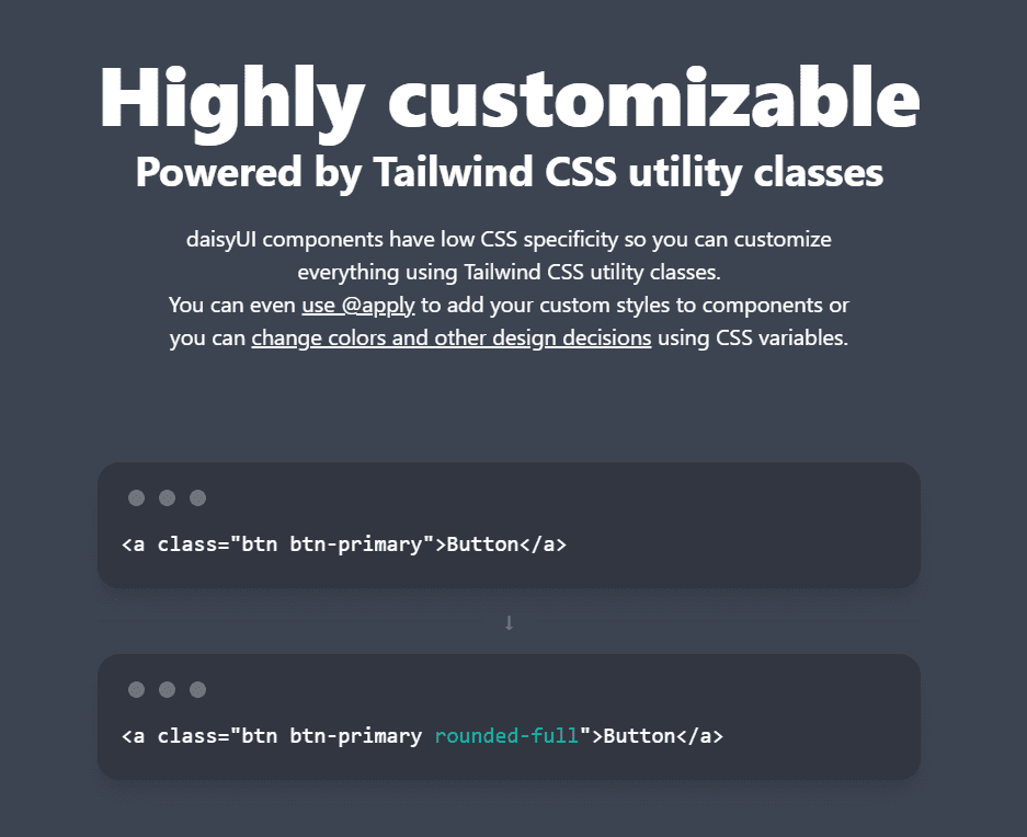 Screenshot from Daisy UI describing it as highly customizable