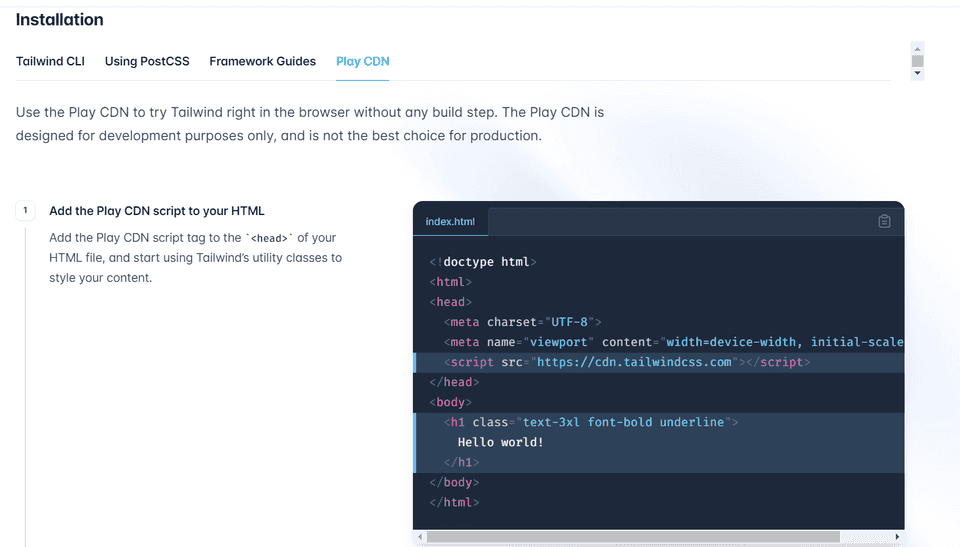 Screenshot from Tailwind with step to use Tailwind CSS Play CDN